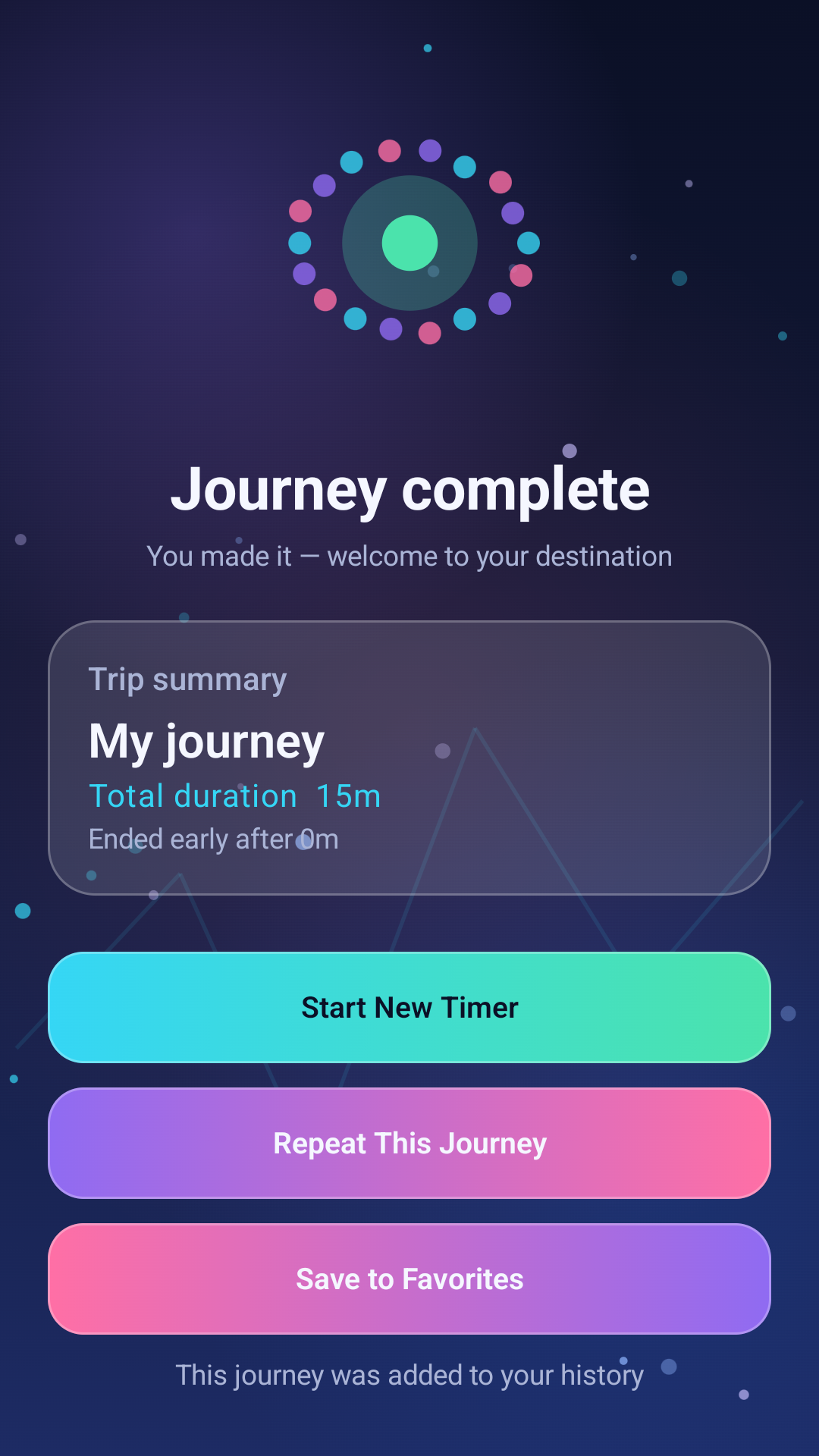 Journey Timer completion screen