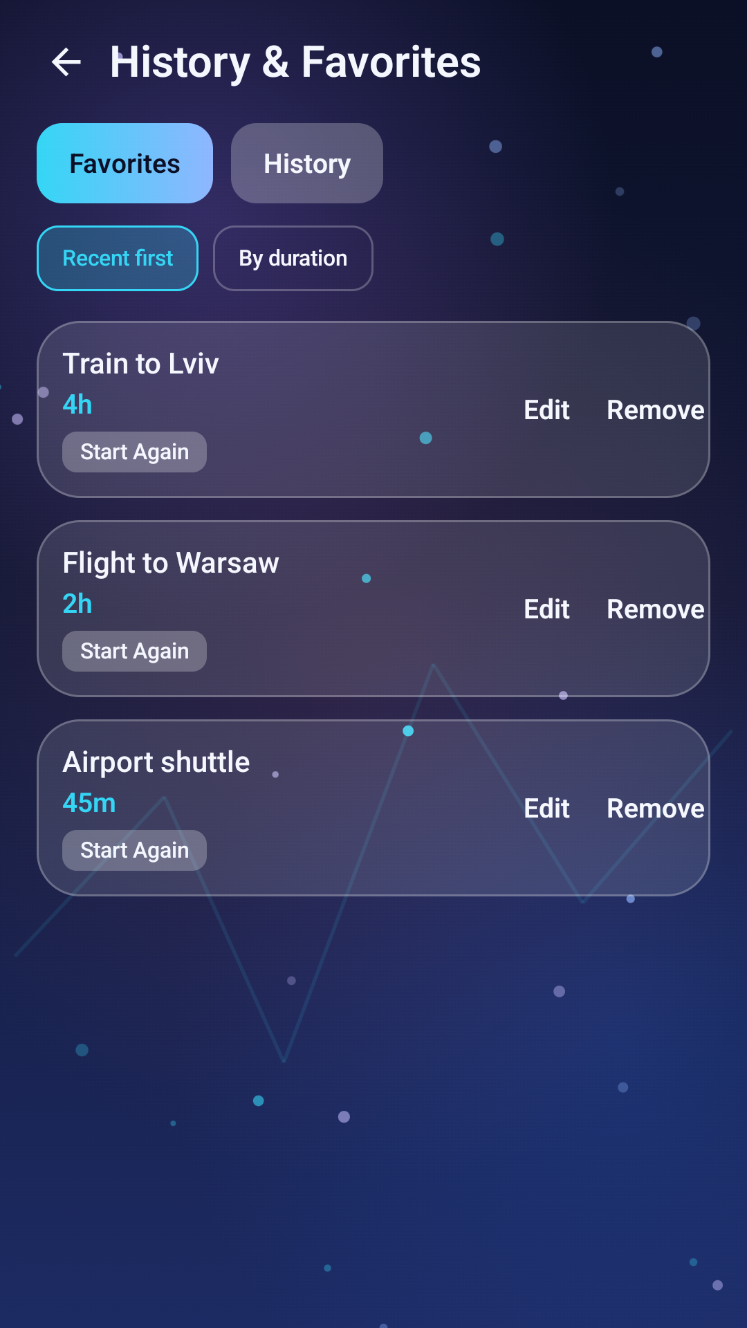 Journey Timer history and favorites